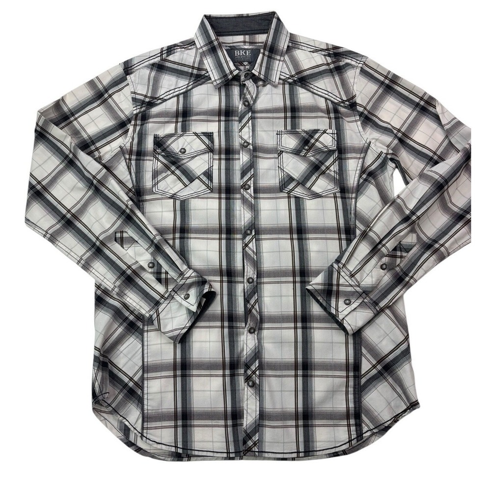 BKE Mens Athletic Fit Western Plaid Pearl Snap Shirt White Black Grey‎ Large - Picture 2 of 16